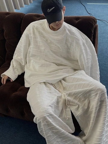 Riolio Kpop Tracksuit Retro Loose Three-dimensional Set Ethnic Jacquard Milk White Sports Suit American Casual High-end Wear